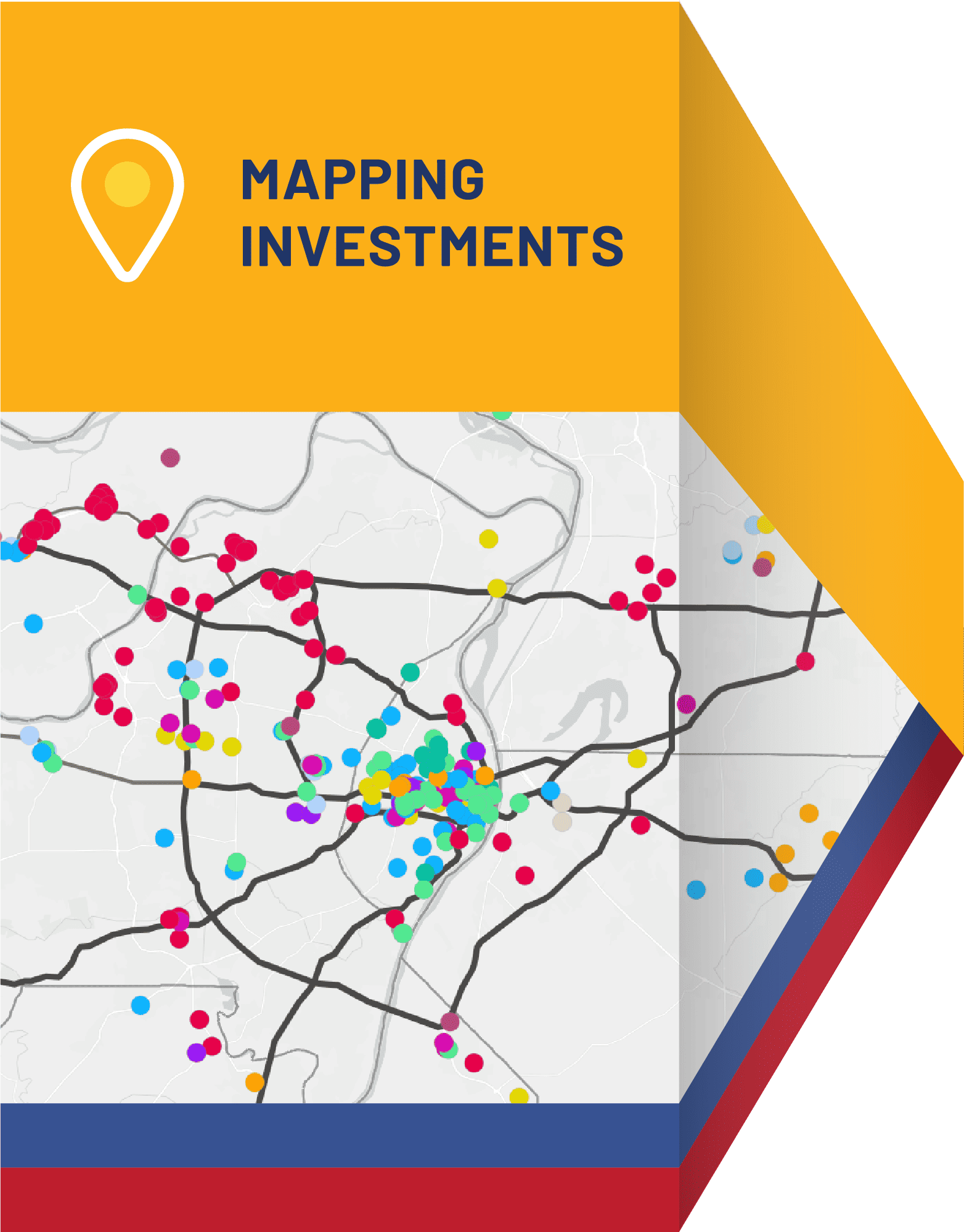 Diagram with Mapping Investments h section highlighted with a static image of the capital investments map representing the various capital projects and assets across the St. Louis metro and visualizing the geography of economic transformation and growth.